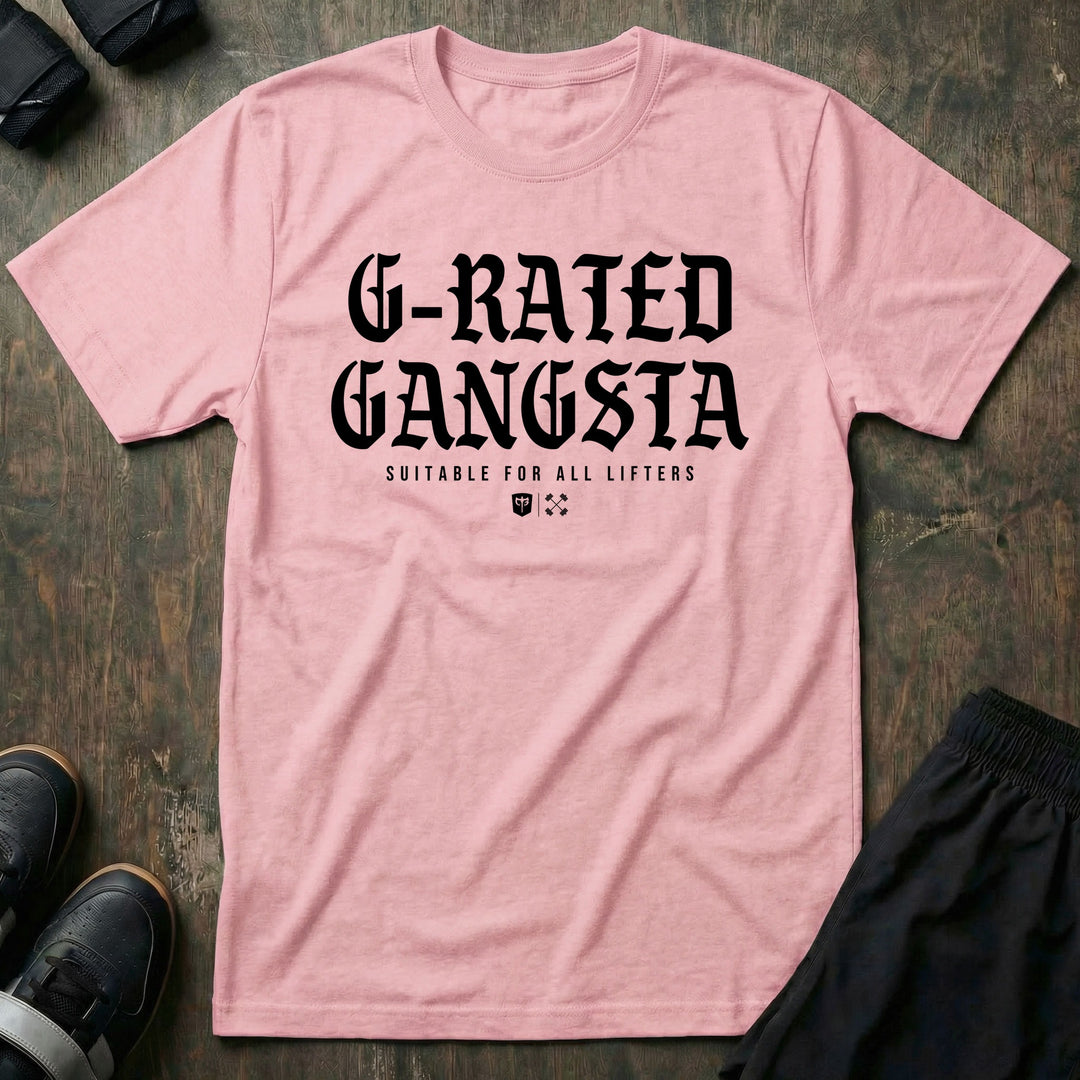 G-Rated Gangsta - Tee front graphic in Pink with G-RATED GANGSTA in blackletter over SUITABLE FOR ALL LIFTERS and the Conquering Barbell shield - Conquering Barbell