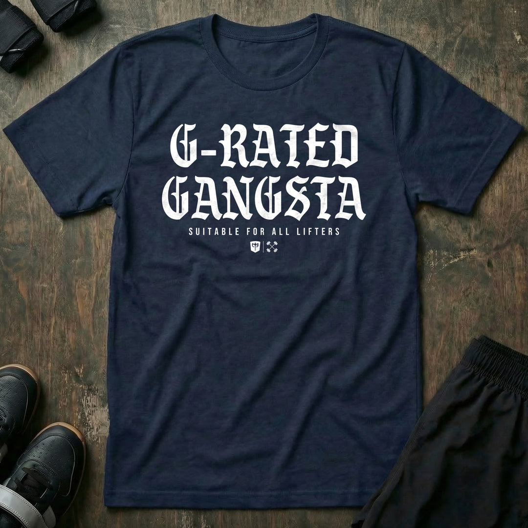 G-Rated Gangsta - Tee front graphic in Navy with G-RATED GANGSTA in blackletter over SUITABLE FOR ALL LIFTERS and the Conquering Barbell shield - Conquering Barbell
