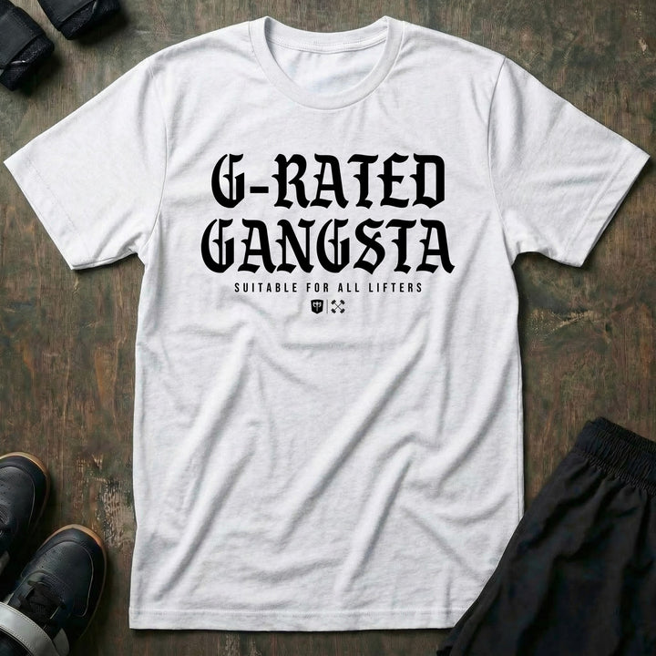 G-Rated Gangsta - Tee front graphic in White with G-RATED GANGSTA in blackletter over SUITABLE FOR ALL LIFTERS and the Conquering Barbell shield - Conquering Barbell