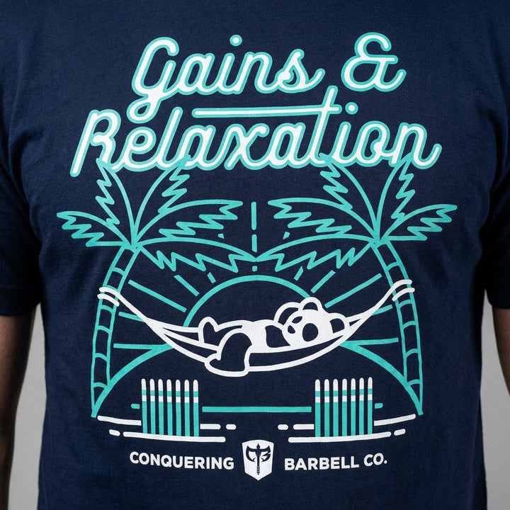 Gains &amp; Relaxation tee in Navy: a panda relaxing in a hammock strung between two barbells