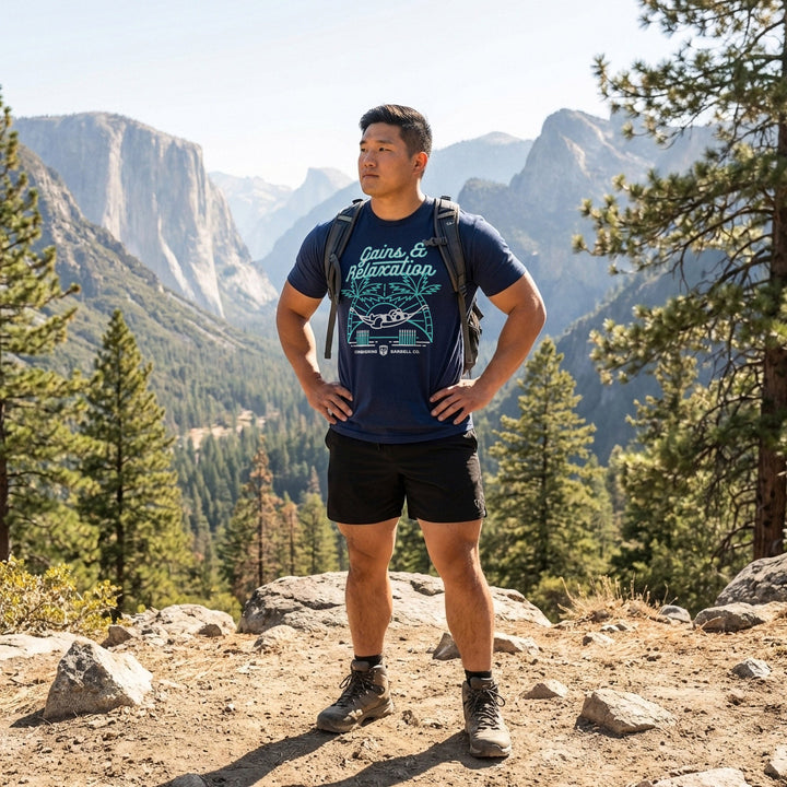Gains &amp; Relaxation tee in Navy: a panda relaxing in a hammock strung between two barbells