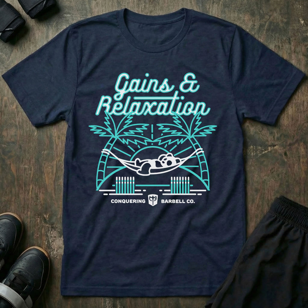 Gains & Relaxation tee in Navy: a panda relaxing in a hammock strung between two barbells
