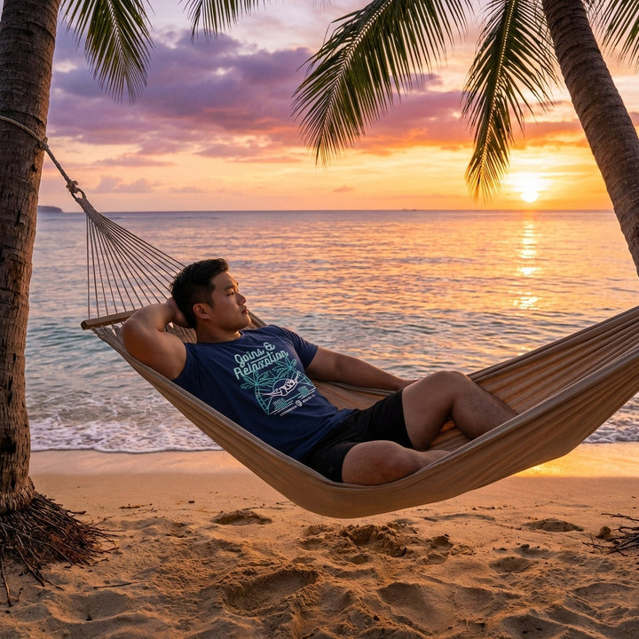 Gains &amp; Relaxation tee in Navy: a panda relaxing in a hammock strung between two barbells