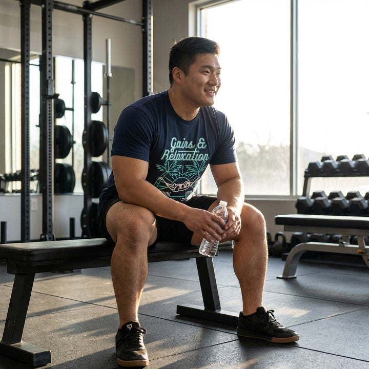 Gains &amp; Relaxation tee in Navy: a panda relaxing in a hammock strung between two barbells