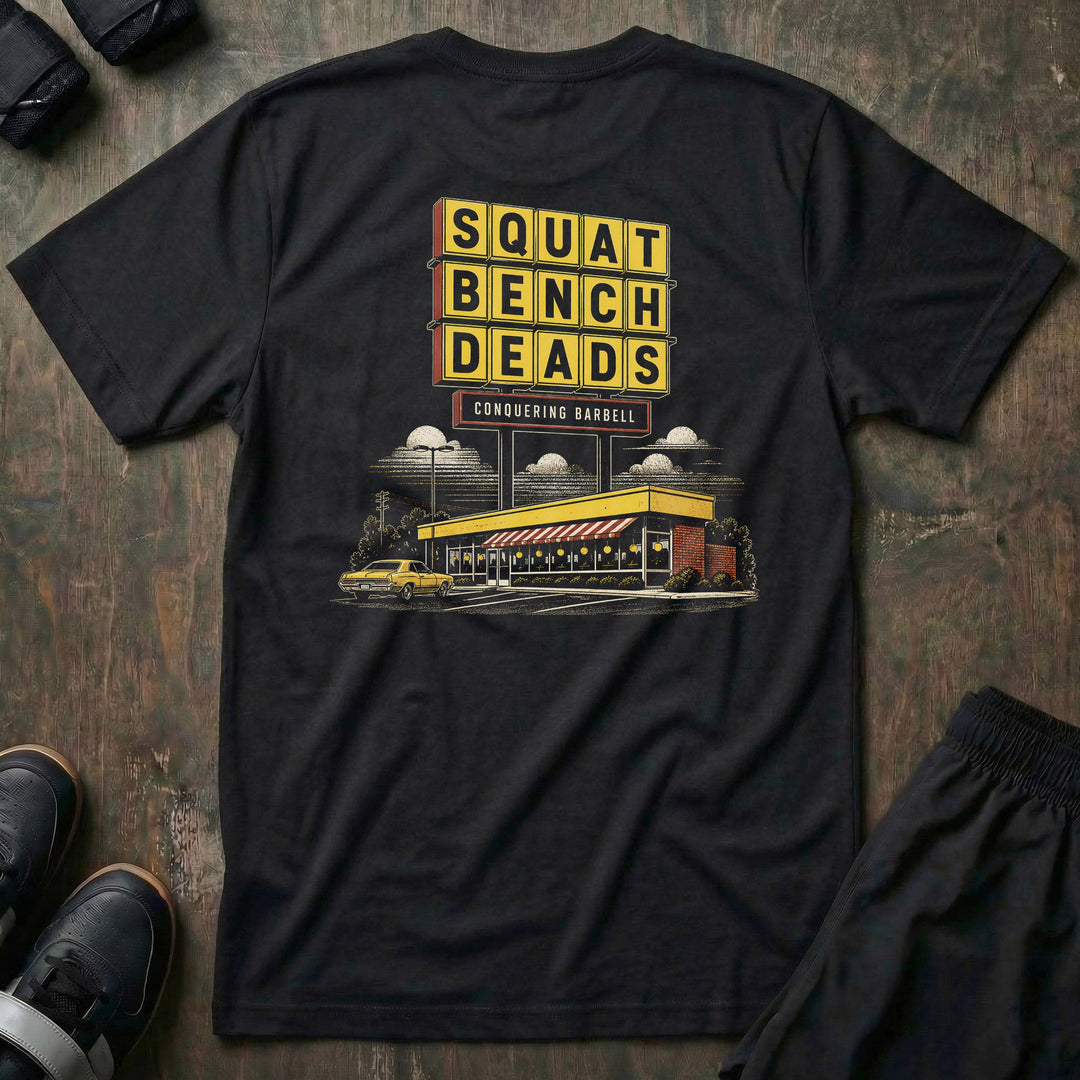 Gainz House tee in Black: a retro diner sign stacked with SQUAT BENCH DEADS in bold yellow lettering