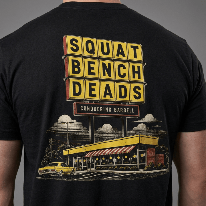 Gainz House tee: a retro diner sign stacked with SQUAT BENCH DEADS in bold yellow lettering