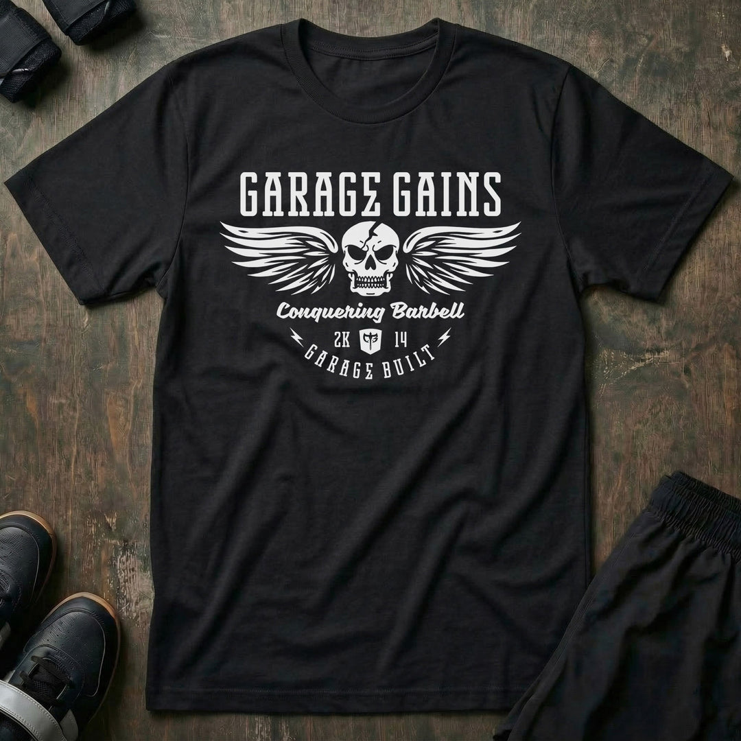 Garage Gains tee in Black: a winged skull with GARAGE GAINS across the top