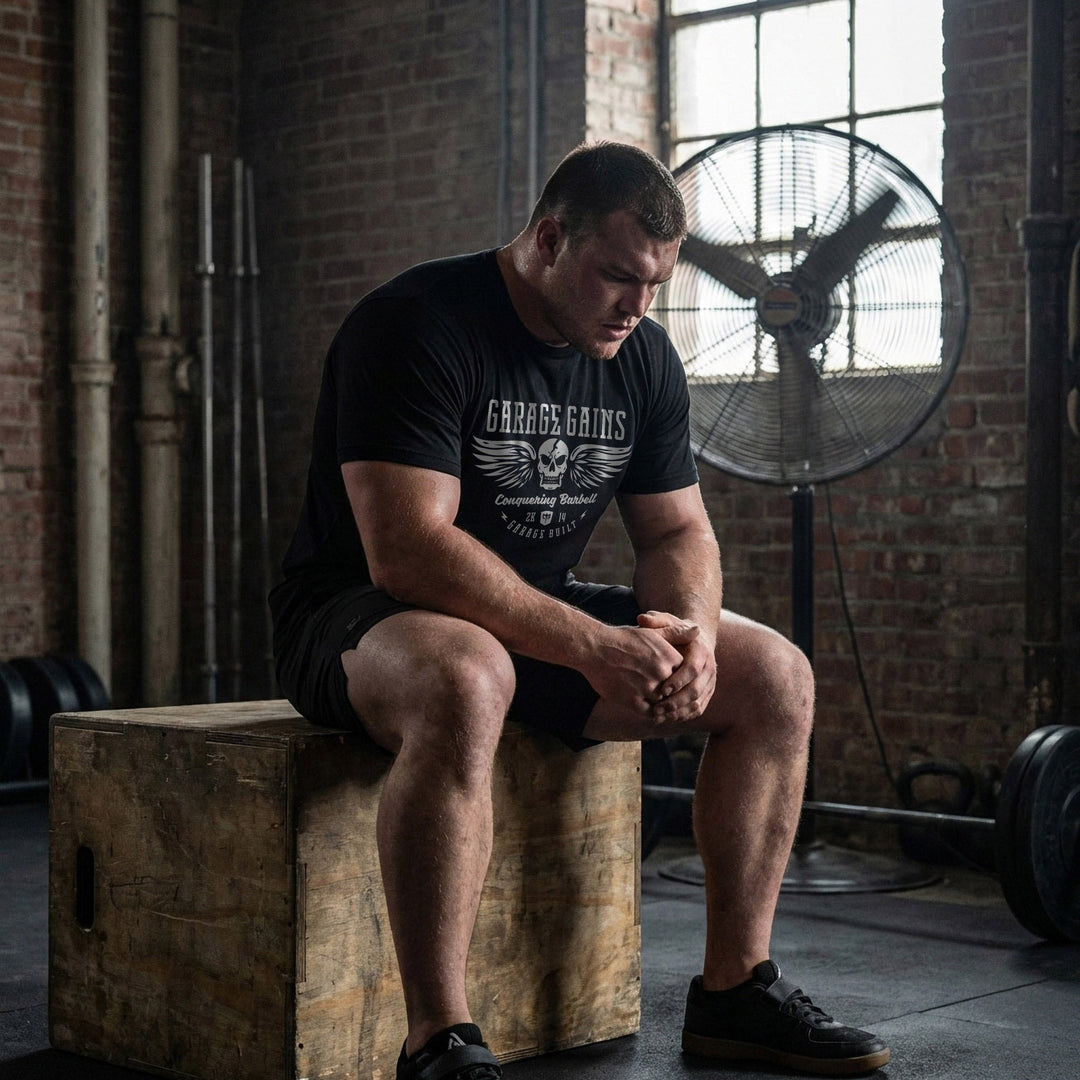 Garage Gains tee in Black: a winged skull with GARAGE GAINS across the top