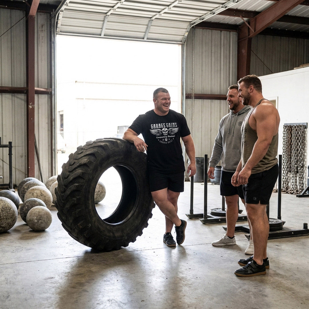 Garage Gains tee in Black: a winged skull with GARAGE GAINS across the top