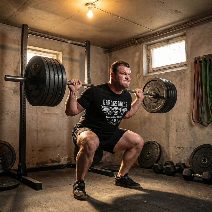 Garage Gains tee in Black: a winged skull with GARAGE GAINS across the top