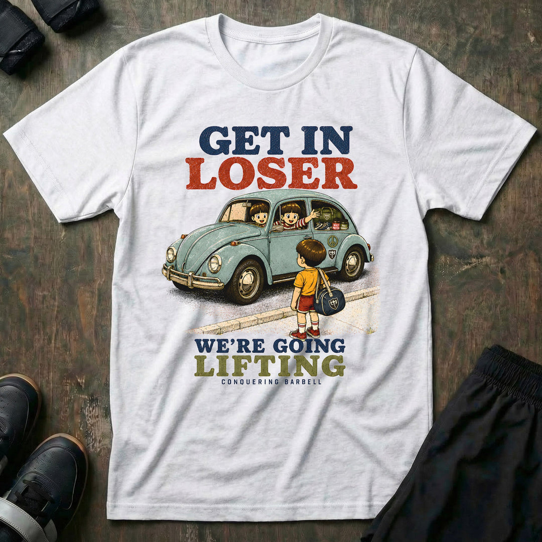 Get In Loser We're Going Lifting tee in White: a retro anime kid with a gym bag beside a vintage car packed with friends
