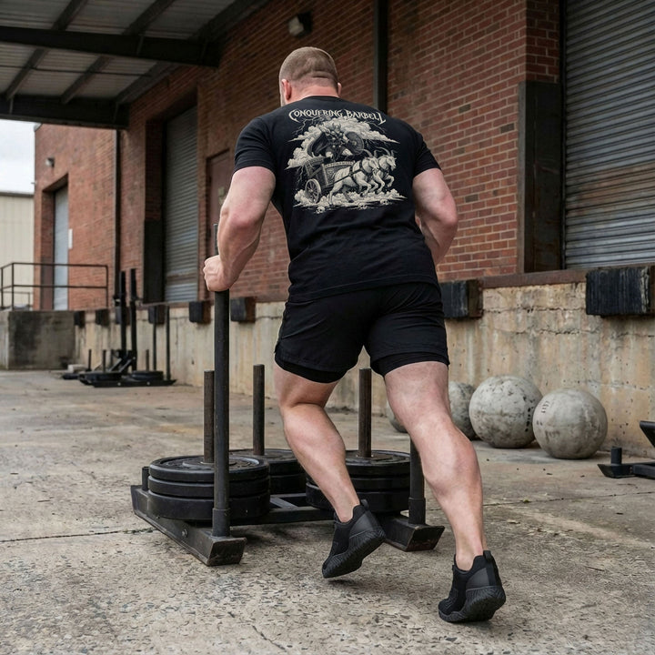 God of Thunder tee in Black: a battle-armored thunder god charging across the sky in a chariot pulled by two goats