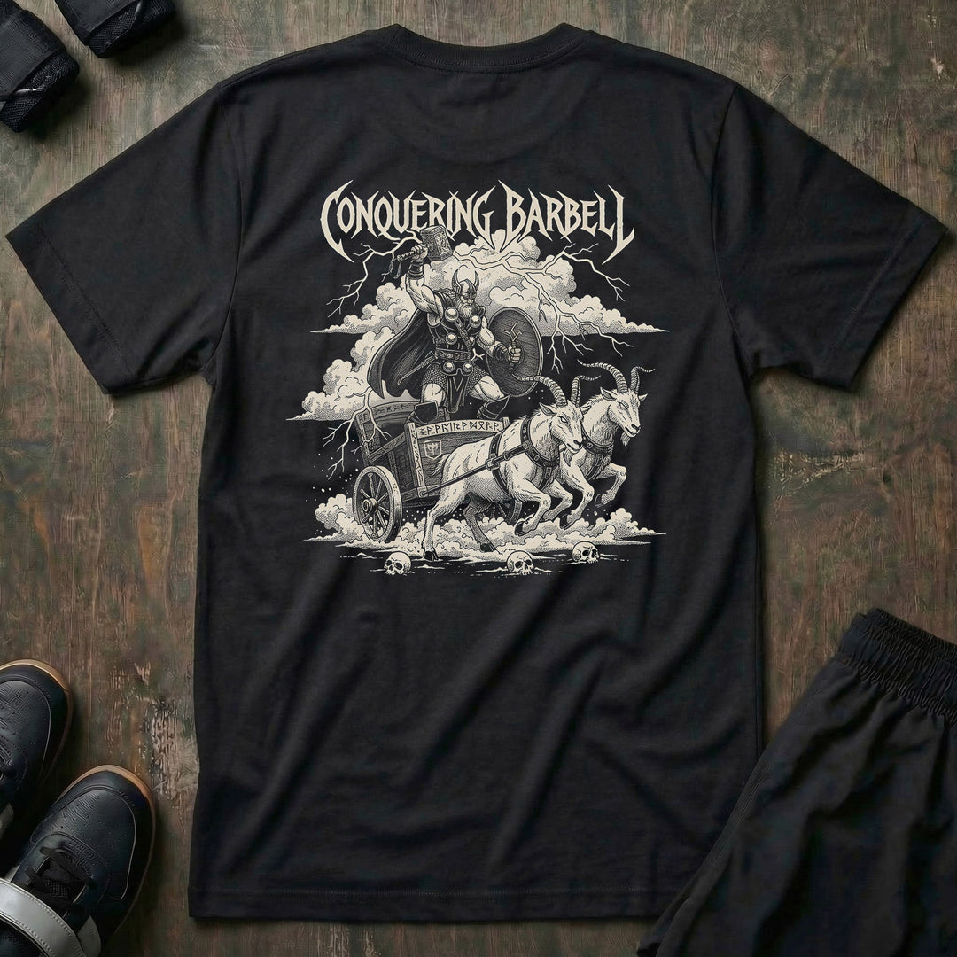 God of Thunder tee in Black: a battle-armored thunder god charging across the sky in a chariot pulled by two goats