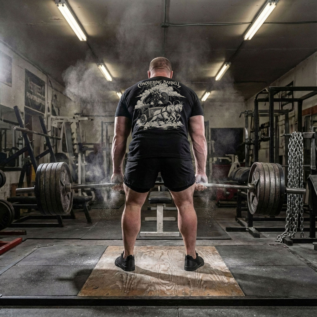 God of Thunder tee in Black: a battle-armored thunder god charging across the sky in a chariot pulled by two goats