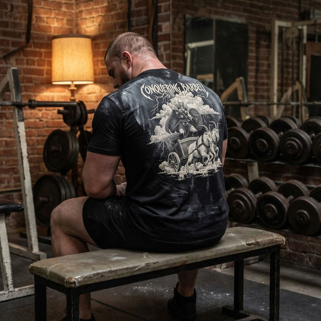 God of Thunder tee in Black: a battle-armored thunder god charging across the sky in a chariot pulled by two goats