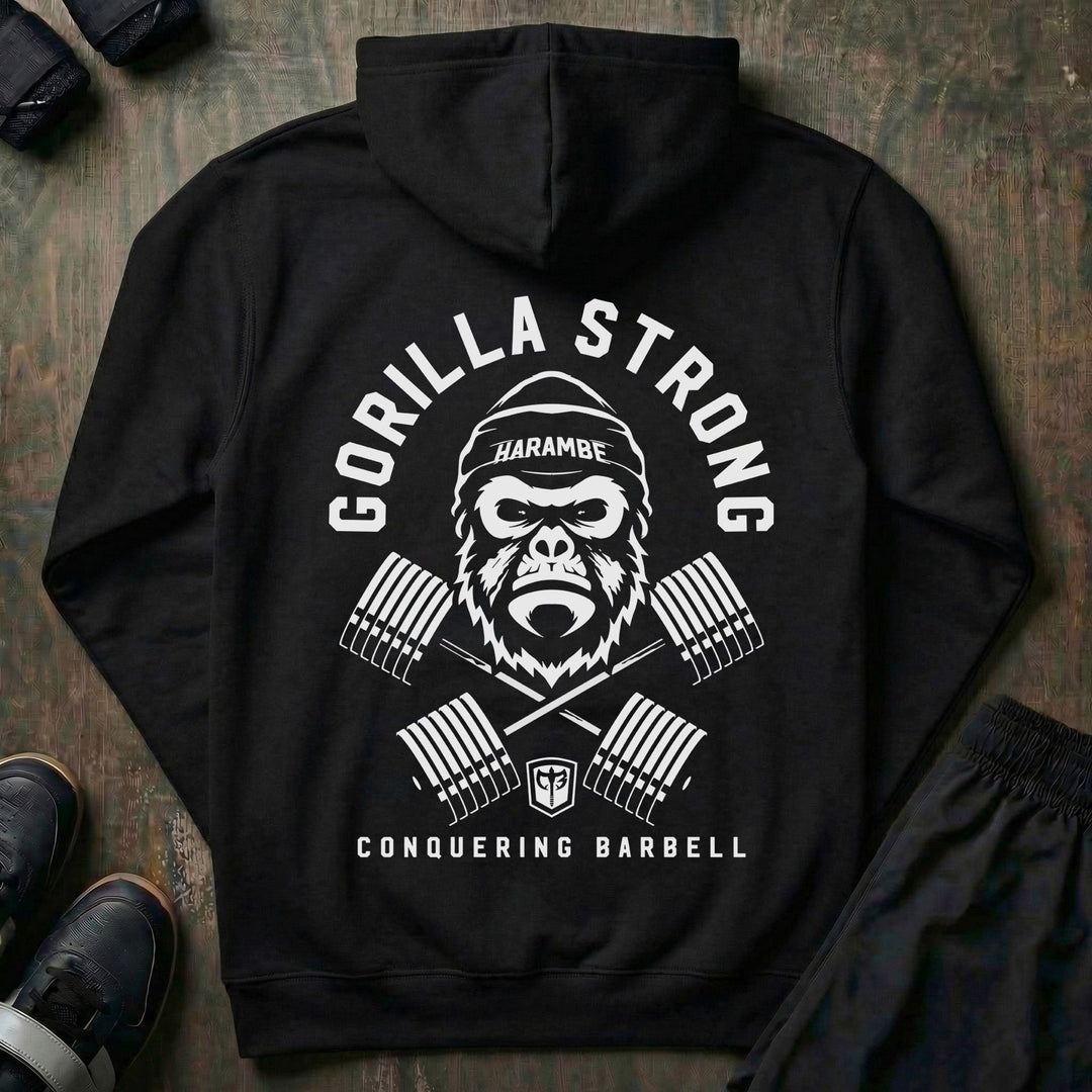 Gorilla Strong - on Black Pullover Hoodie - Conquering Barbell