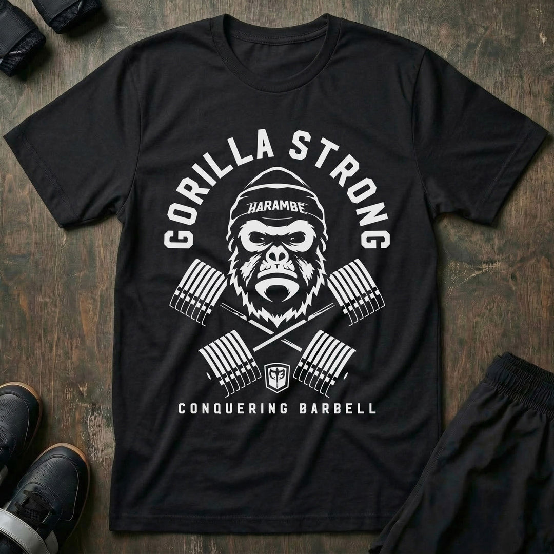 Gorilla Strong Strong like Harambe tee in Black: a gorilla in a HARAMBE beanie over crossed barbells