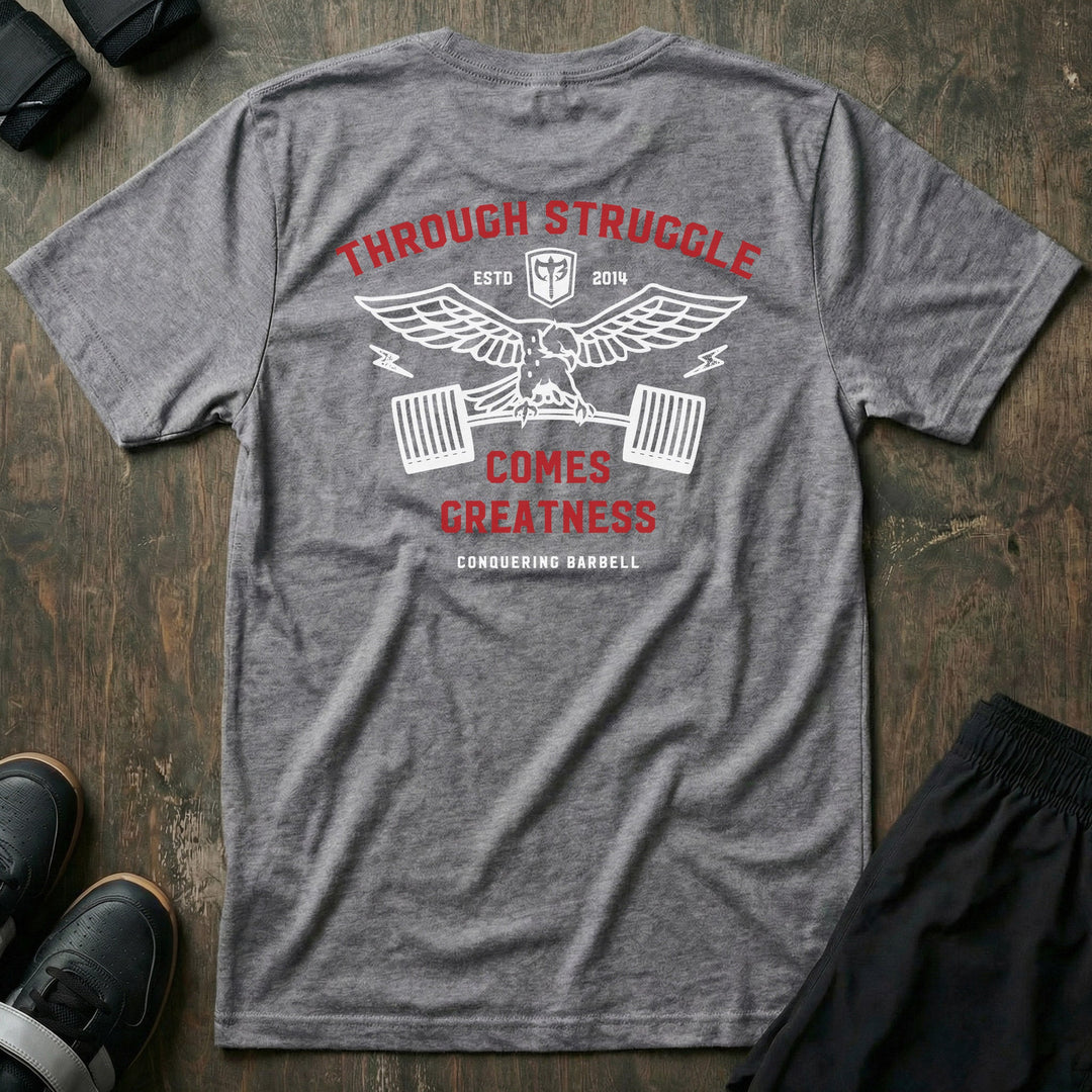 Greatness Eagle tee in Heather Grey: a spread-wing eagle gripping a loaded barbell with lightning bolts on each side