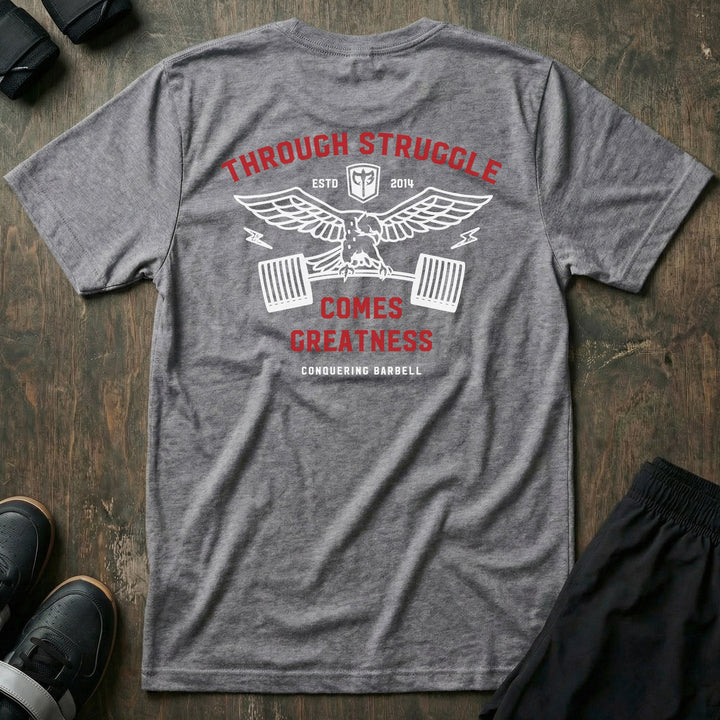 Greatness Eagle tee in Heather Grey: a spread-wing eagle gripping a loaded barbell with lightning bolts on each side