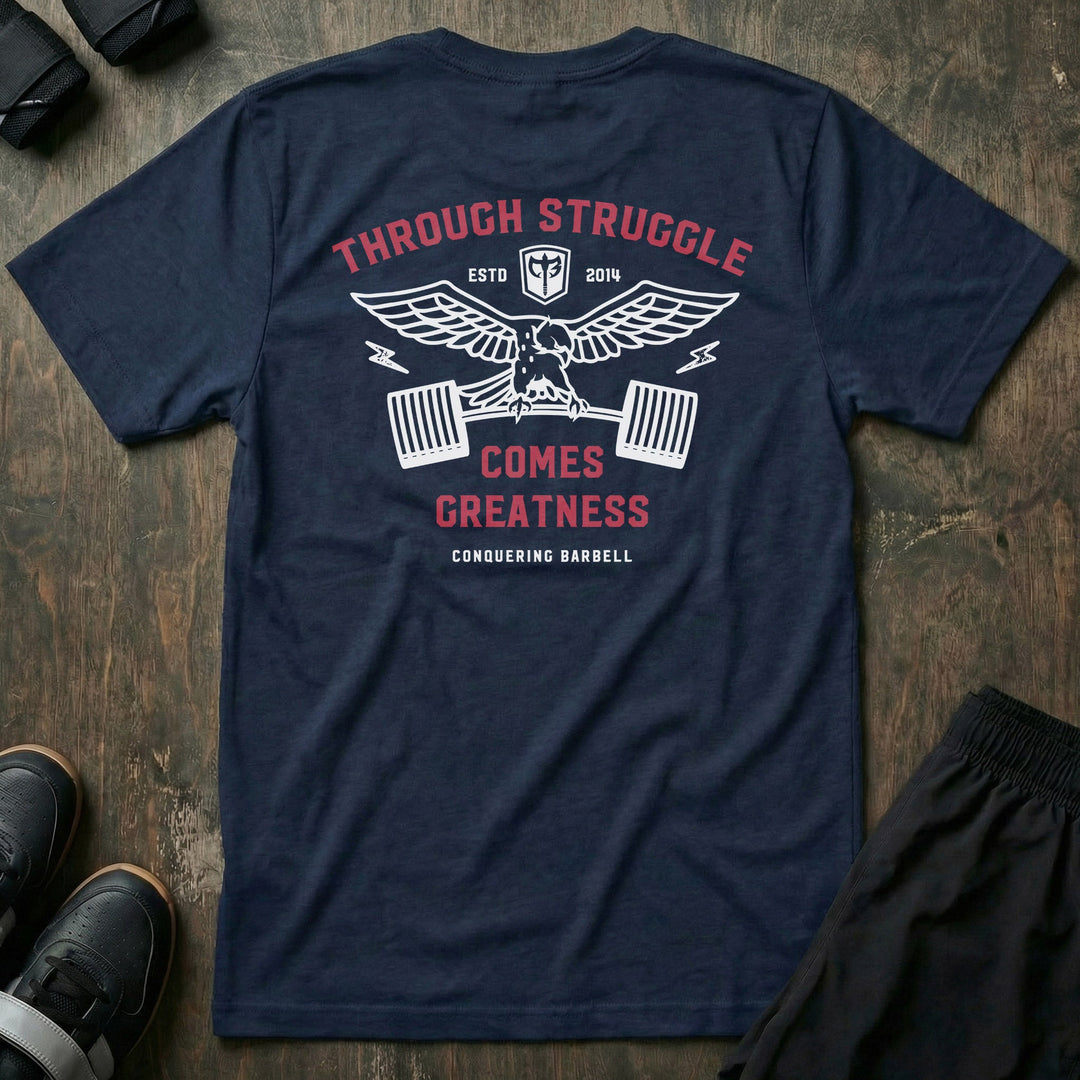 Greatness Eagle tee in Navy: a spread-wing eagle gripping a loaded barbell with lightning bolts on each side
