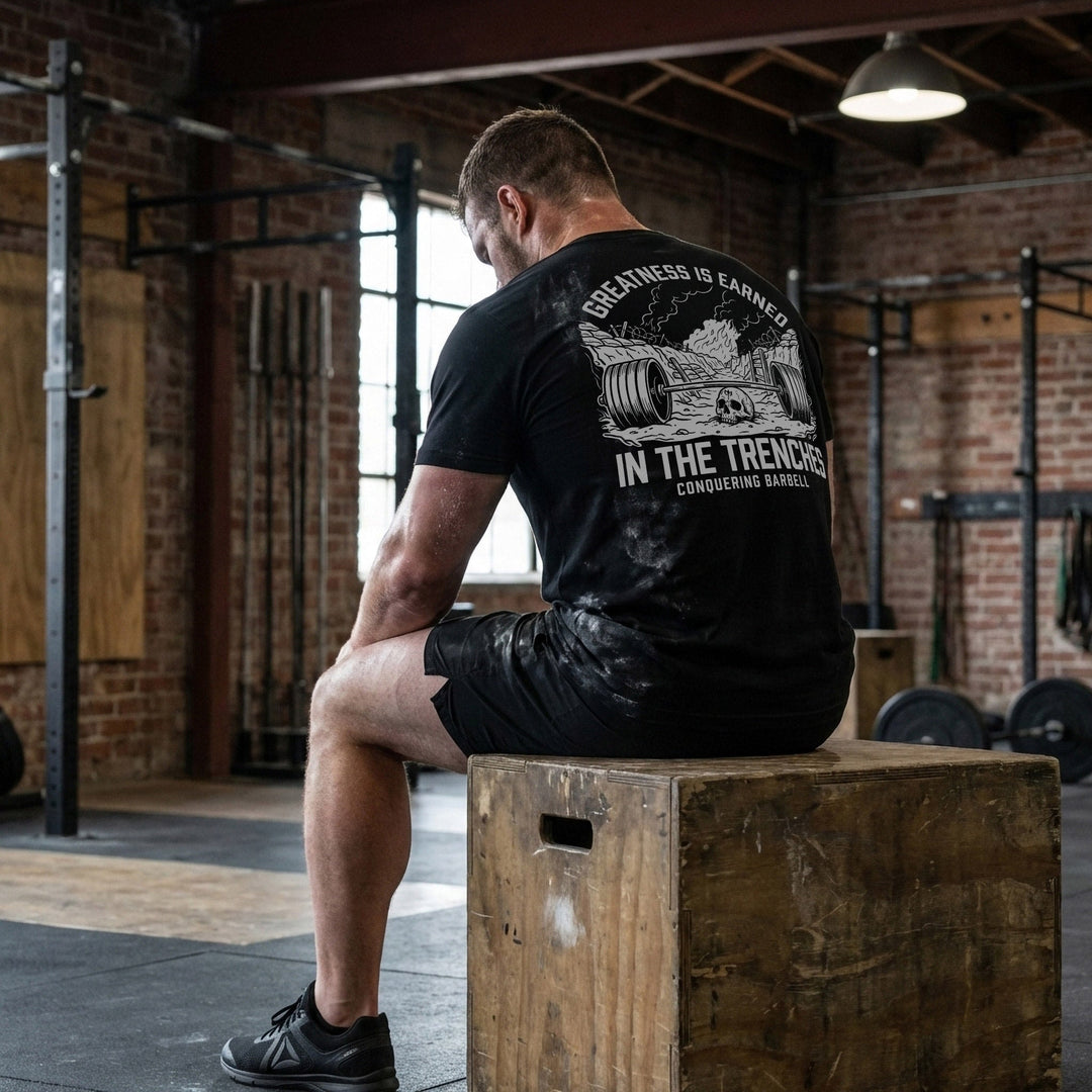 Greatness is Earned in the Trenches tee: a loaded barbell lying in a war trench with a skull beside it