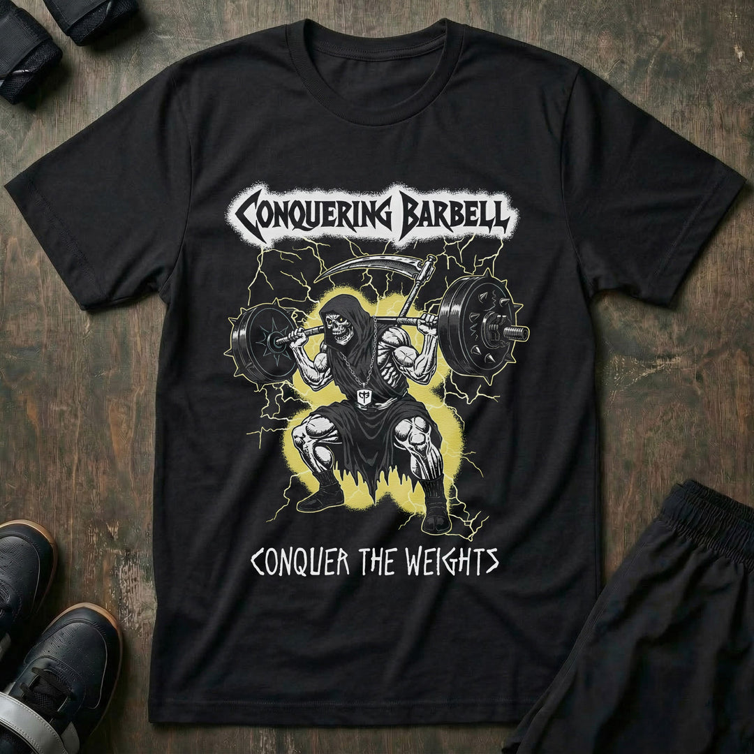 Grim Squat tee in Black: a jacked grim reaper sitting deep in the hole with a loaded barbell