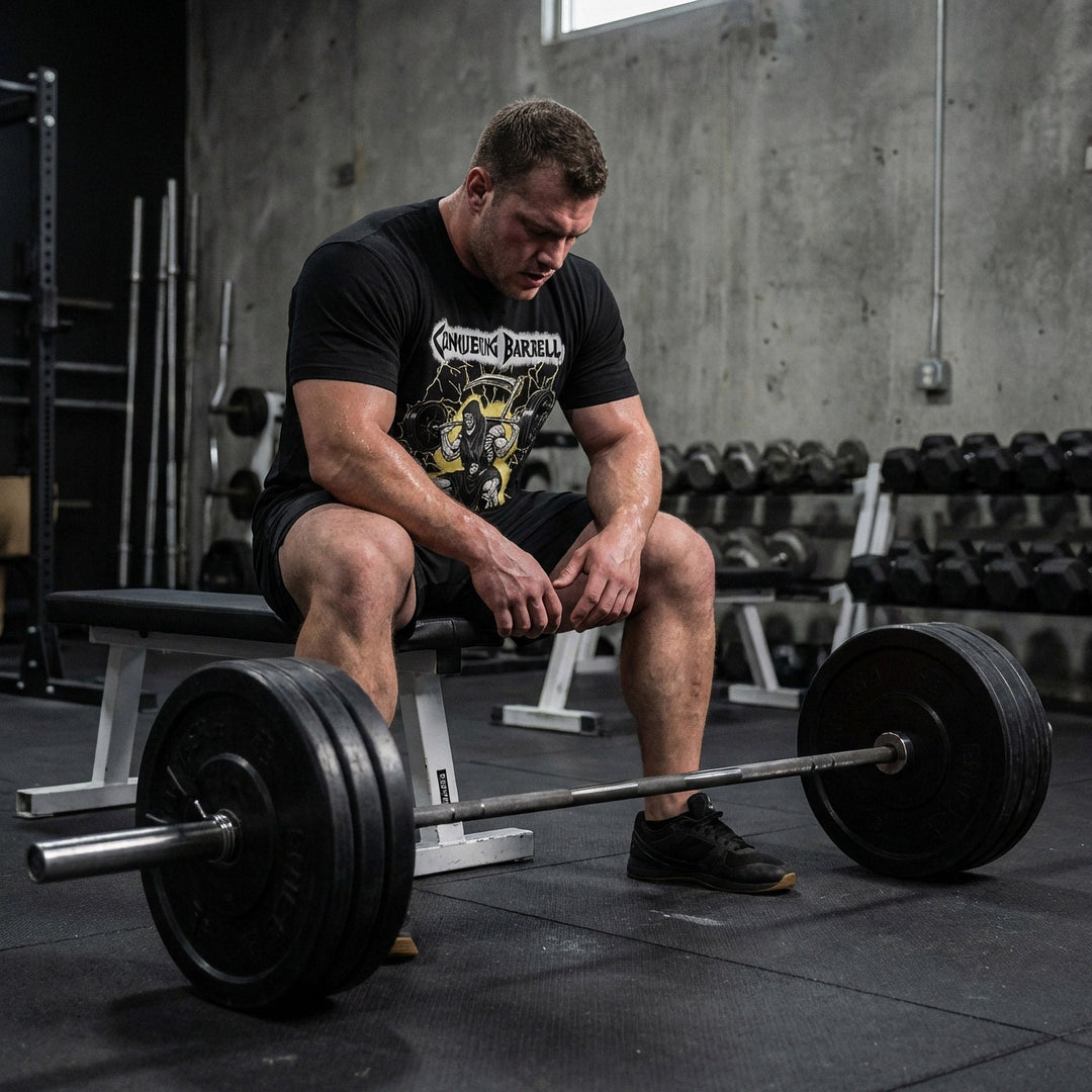 Grim Squat tee in Black: a jacked grim reaper sitting deep in the hole with a loaded barbell