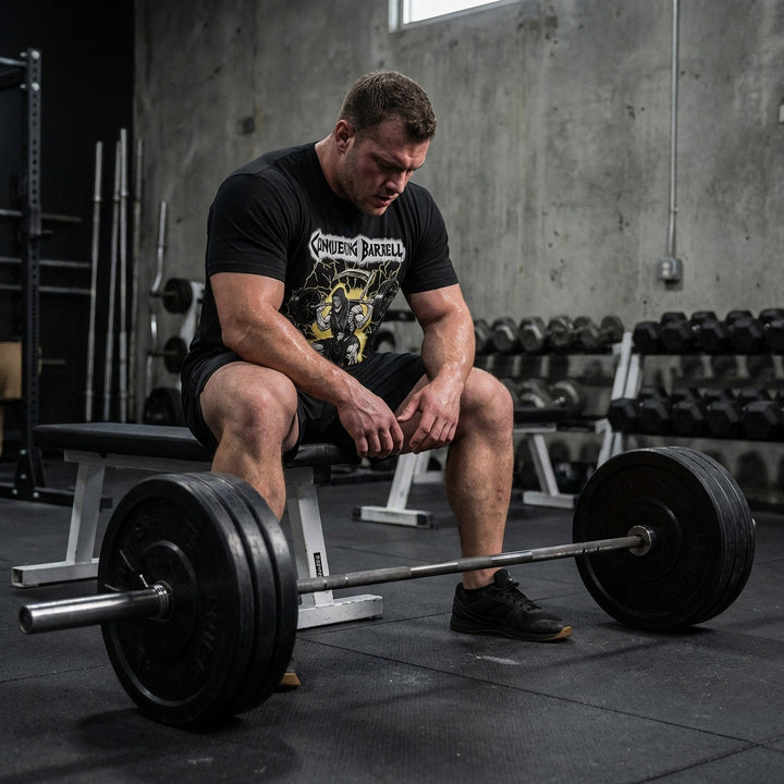 Grim Squat tee in Black: a jacked grim reaper sitting deep in the hole with a loaded barbell