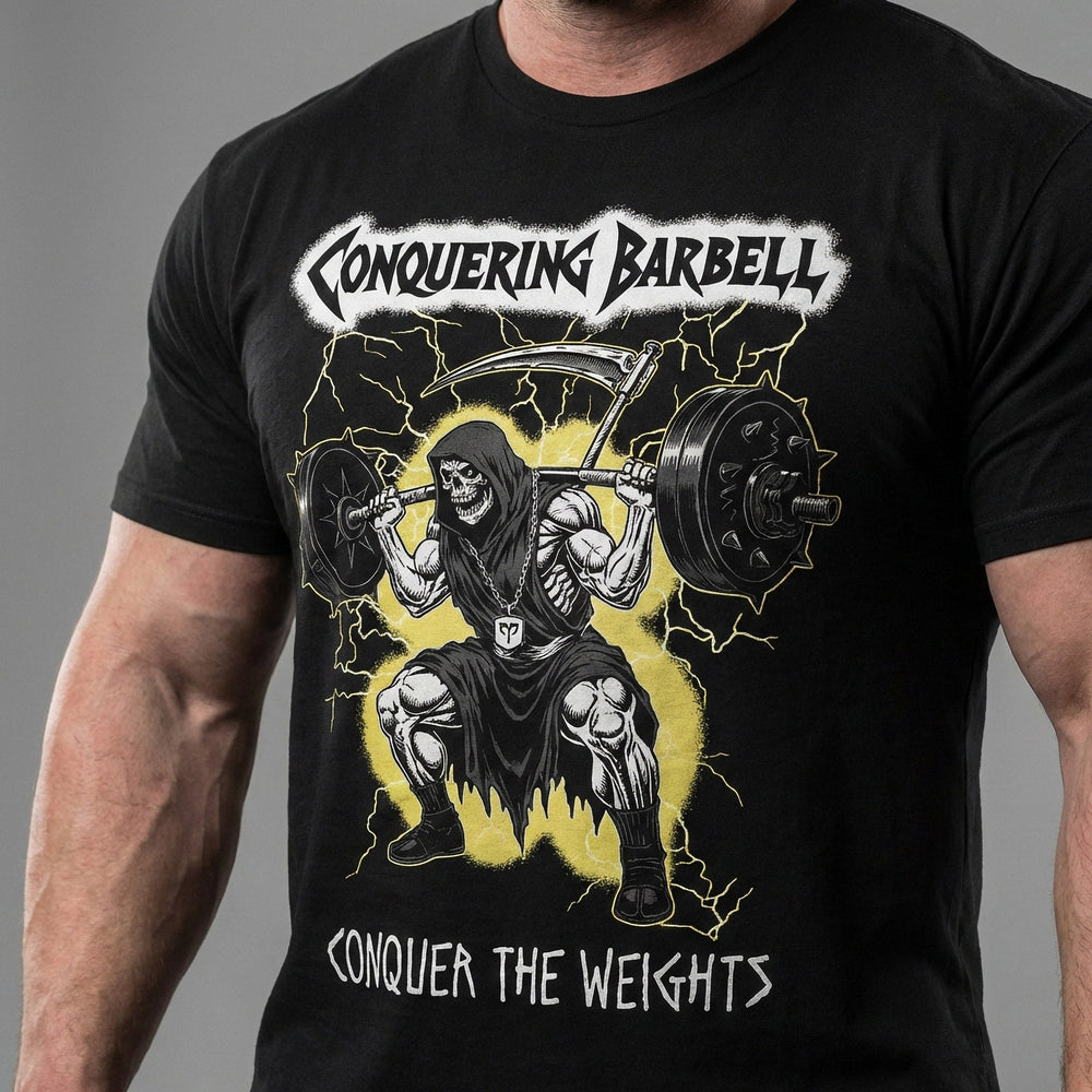 Grim Squat tee in Black: a jacked grim reaper sitting deep in the hole with a loaded barbell