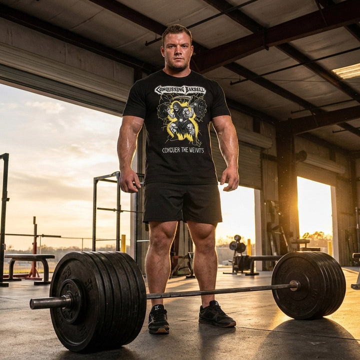 Grim Squat tee in Black: a jacked grim reaper sitting deep in the hole with a loaded barbell