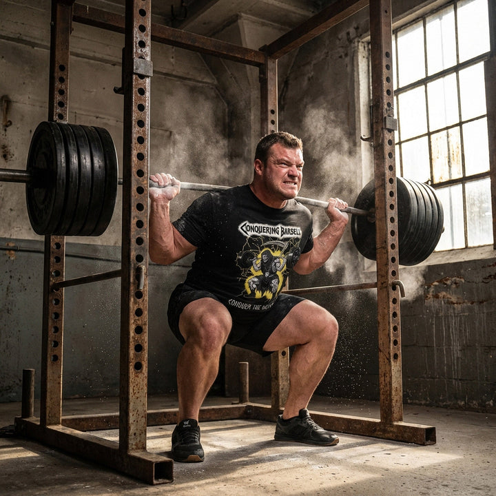 Grim Squat tee in Black: a jacked grim reaper sitting deep in the hole with a loaded barbell
