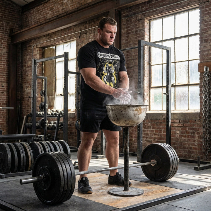 Grim Squat tee in Black: a jacked grim reaper sitting deep in the hole with a loaded barbell