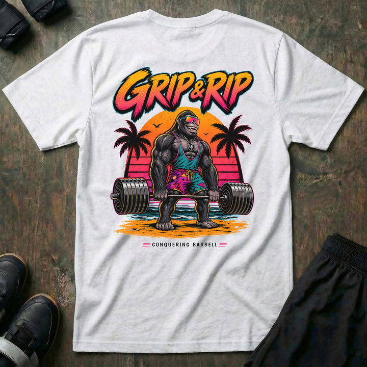 Grip &amp; Rip tee in White: a jacked gorilla in board shorts and sport shades deadlifting a loaded barbell