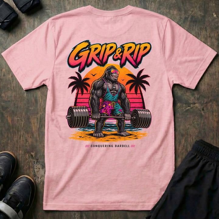 Grip &amp; Rip tee in Pink: a jacked gorilla in board shorts and sport shades deadlifting a loaded barbell