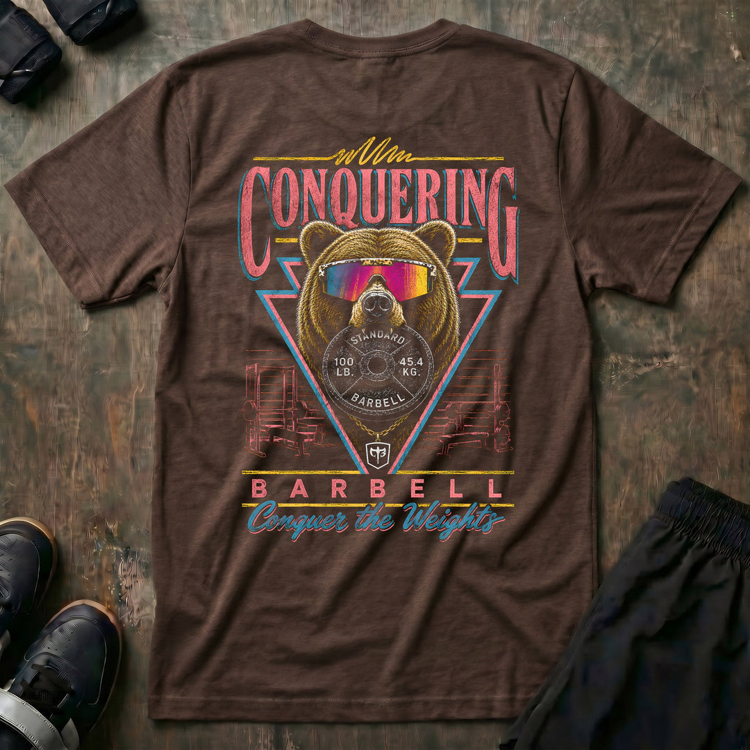 Grizzly Mode tee in Expresso: a massive grizzly in iridescent sport shades staring you down
