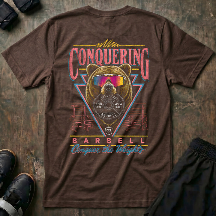 Grizzly Mode tee in Expresso: a massive grizzly in iridescent sport shades staring you down