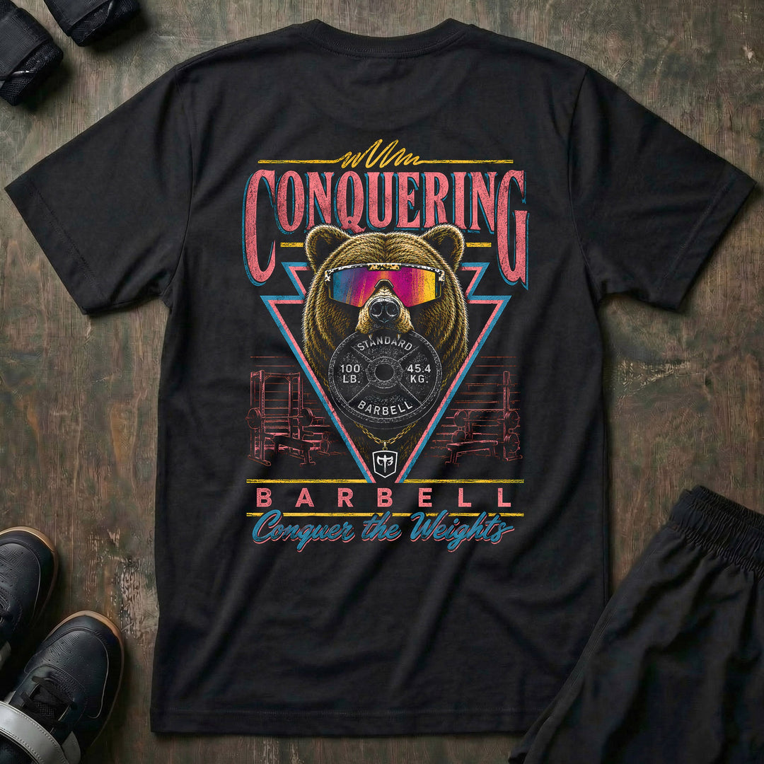 Grizzly Mode tee in Black: a massive grizzly in iridescent sport shades staring you down
