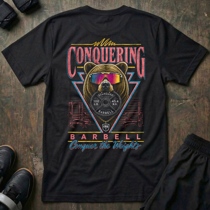 Grizzly Mode tee in Black: a massive grizzly in iridescent sport shades staring you down