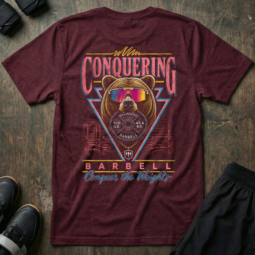 Grizzly Mode tee in Maroon: a massive grizzly in iridescent sport shades staring you down