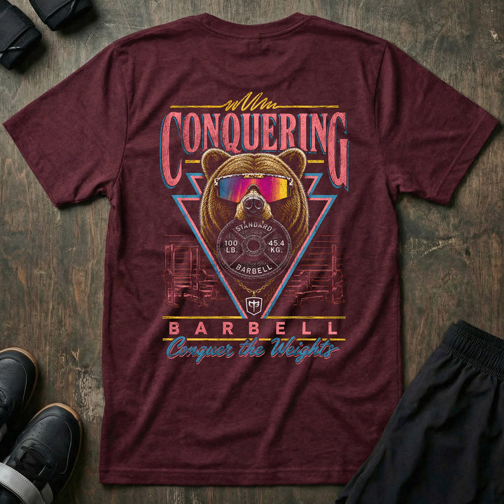 Grizzly Mode tee in Maroon: a massive grizzly in iridescent sport shades staring you down
