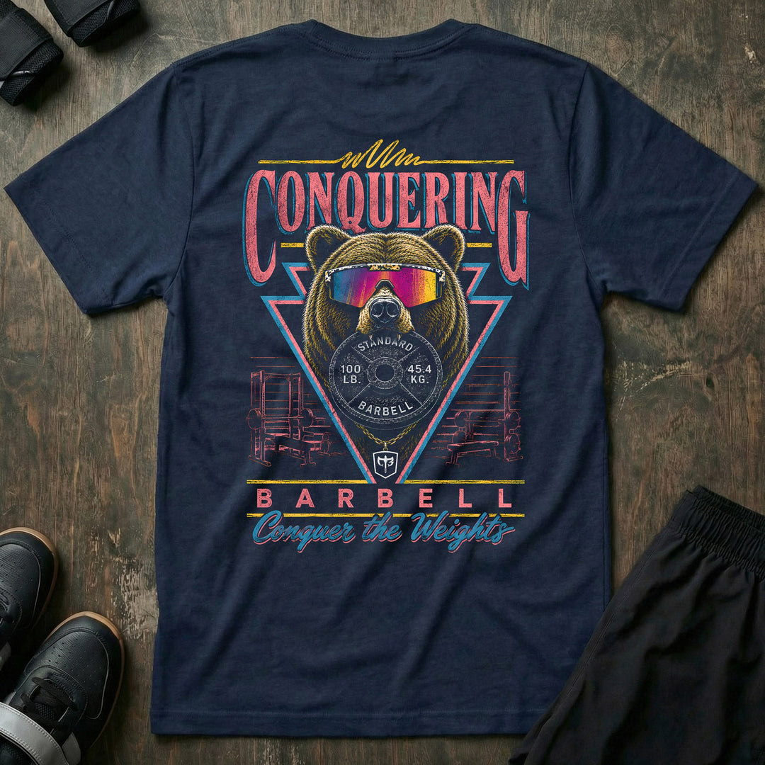 Grizzly Mode tee in Navy: a massive grizzly in iridescent sport shades staring you down
