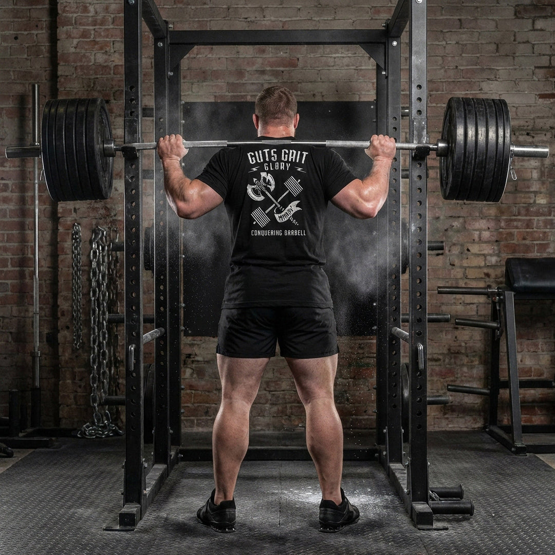 Guts Grit Glory - on Black Tee - Conquering Barbell