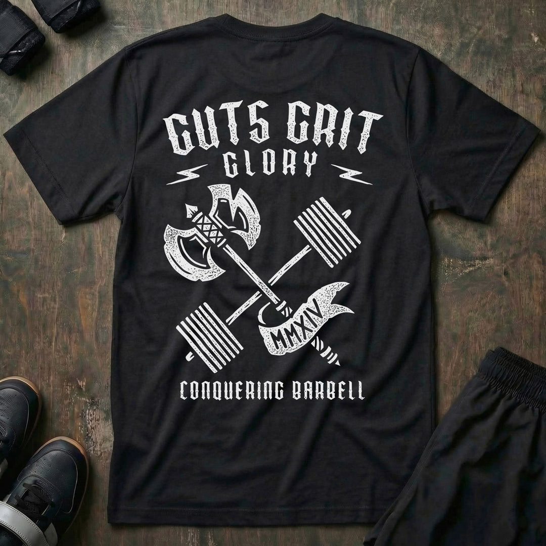 Guts Grit Glory - on Black Tee - Conquering Barbell