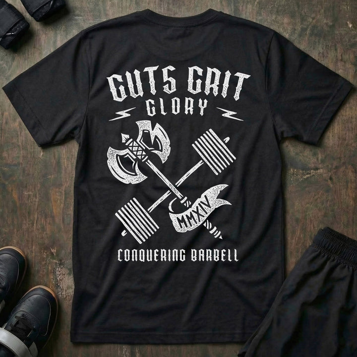 Guts Grit Glory - on Black Tee - Conquering Barbell