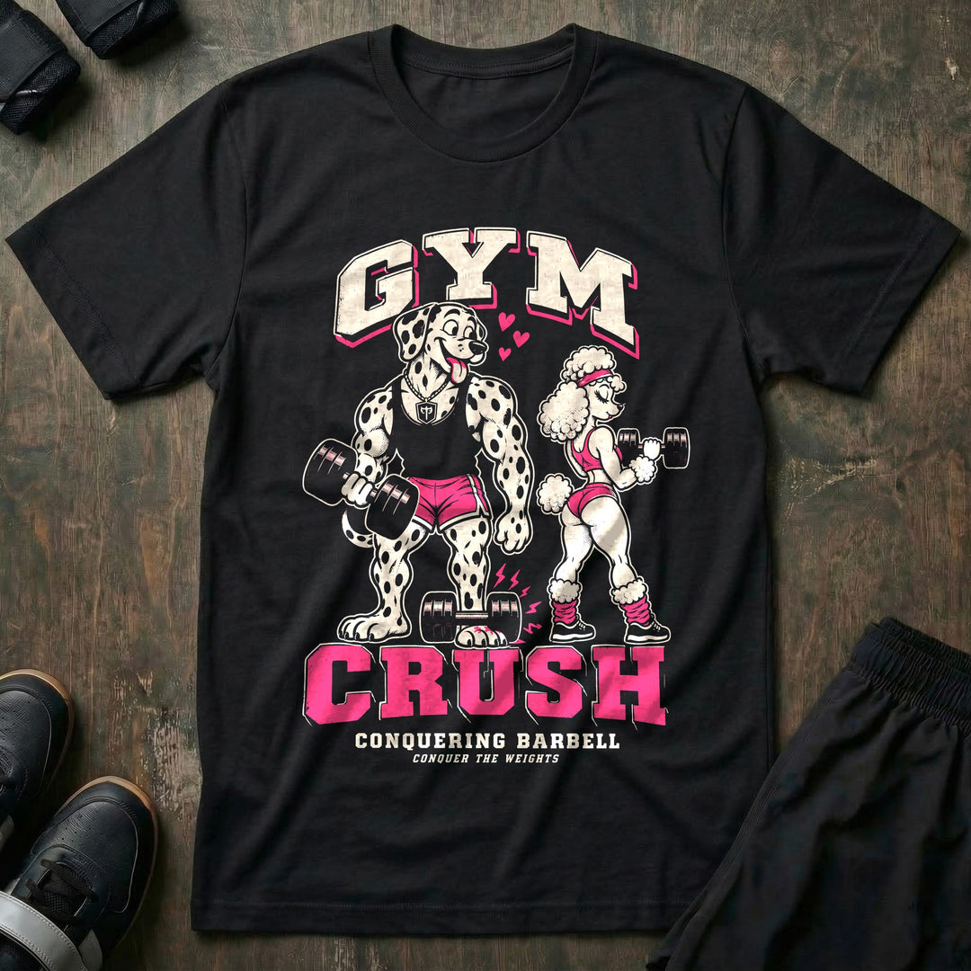 Gym Crush - Tee front graphic in Black with a lovestruck Dalmatian dropping a dumbbell on his foot while staring at a poodle - Conquering Barbell
