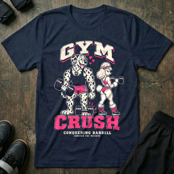 Gym Crush - Tee front graphic in Navy with a lovestruck Dalmatian dropping a dumbbell on his foot while staring at a poodle - Conquering Barbell