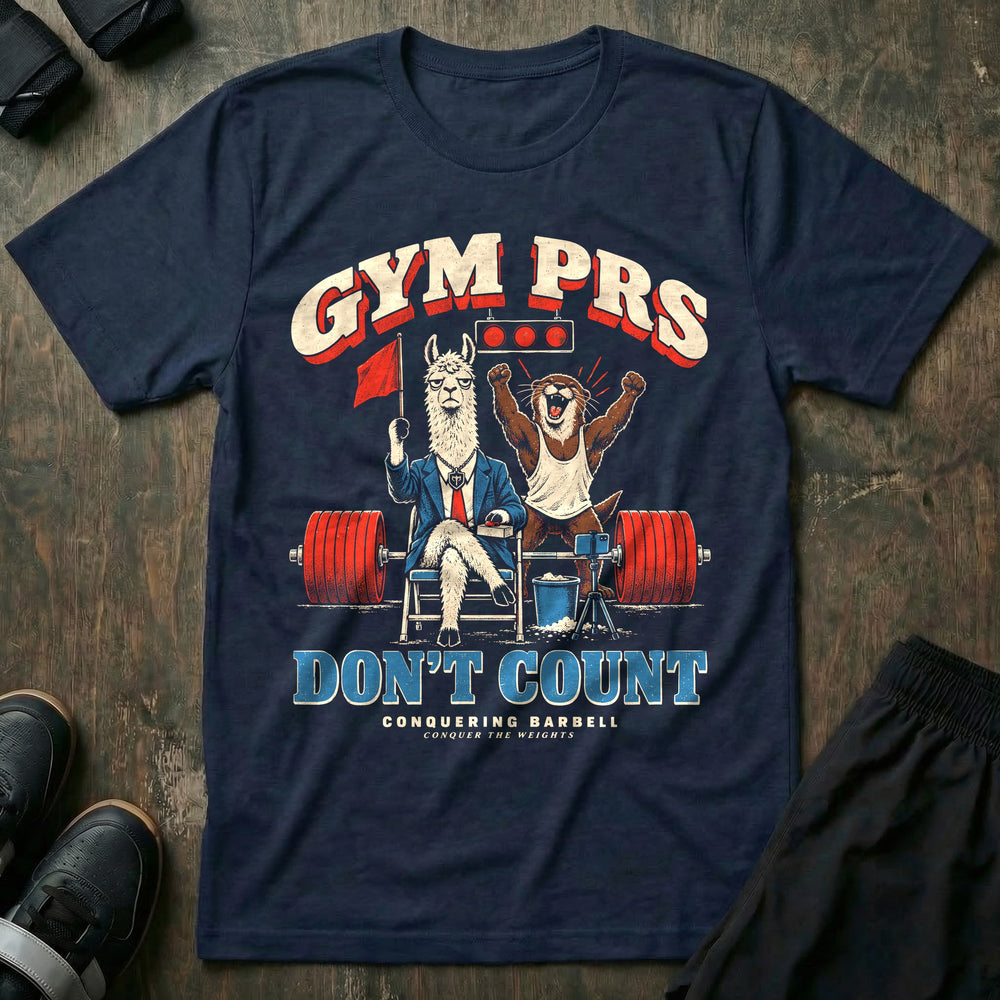 Gym PRs Don't Count - Tee front graphic in Navy with a llama meet judge raising a red flag while an otter celebrates a lift - Conquering Barbell