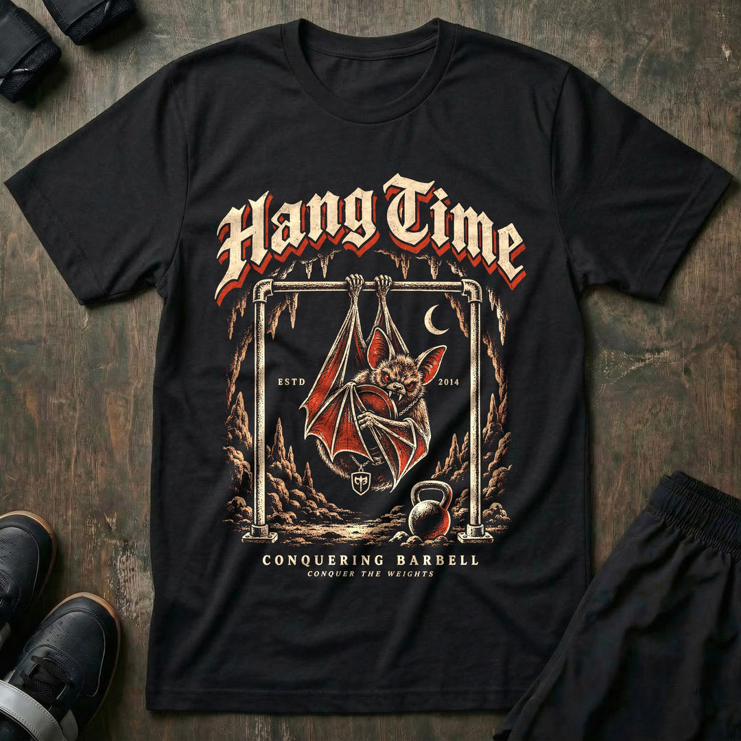 Hang Time - Tee front graphic in Black with a bat hanging upside down from a pull-up bar in a cave - Conquering Barbell