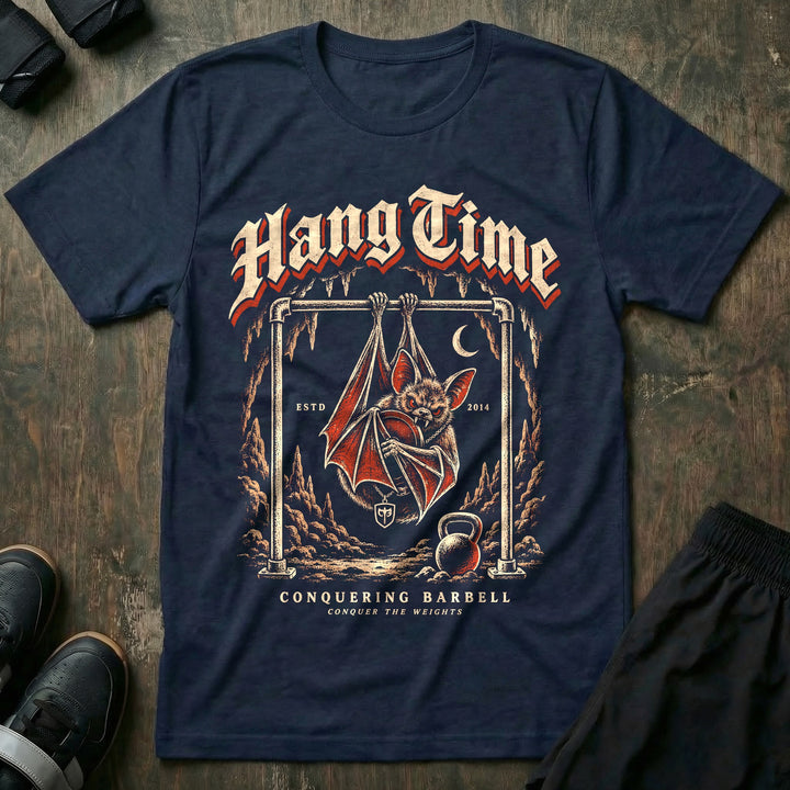 Hang Time - Tee front graphic in Navy with a bat hanging upside down from a pull-up bar in a cave - Conquering Barbell