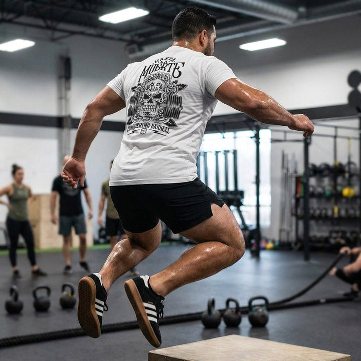 Hasta La Muerte (Until Death) Original Version tee: a sugar skull crowned with roses over a loaded barbell